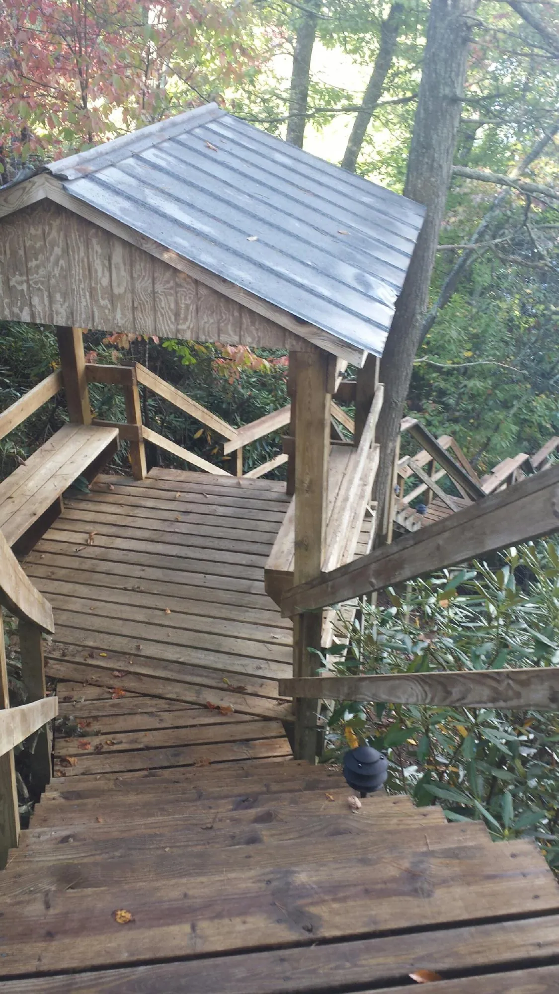 Metal roofed shelter over wooden steps on a wooded walkway — Skylight Repair & Installation work by our crew in Brandt